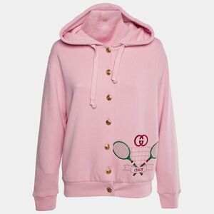 Gucci Pink Hooded Sweatshirt Cardigan with Tennis Motif size S